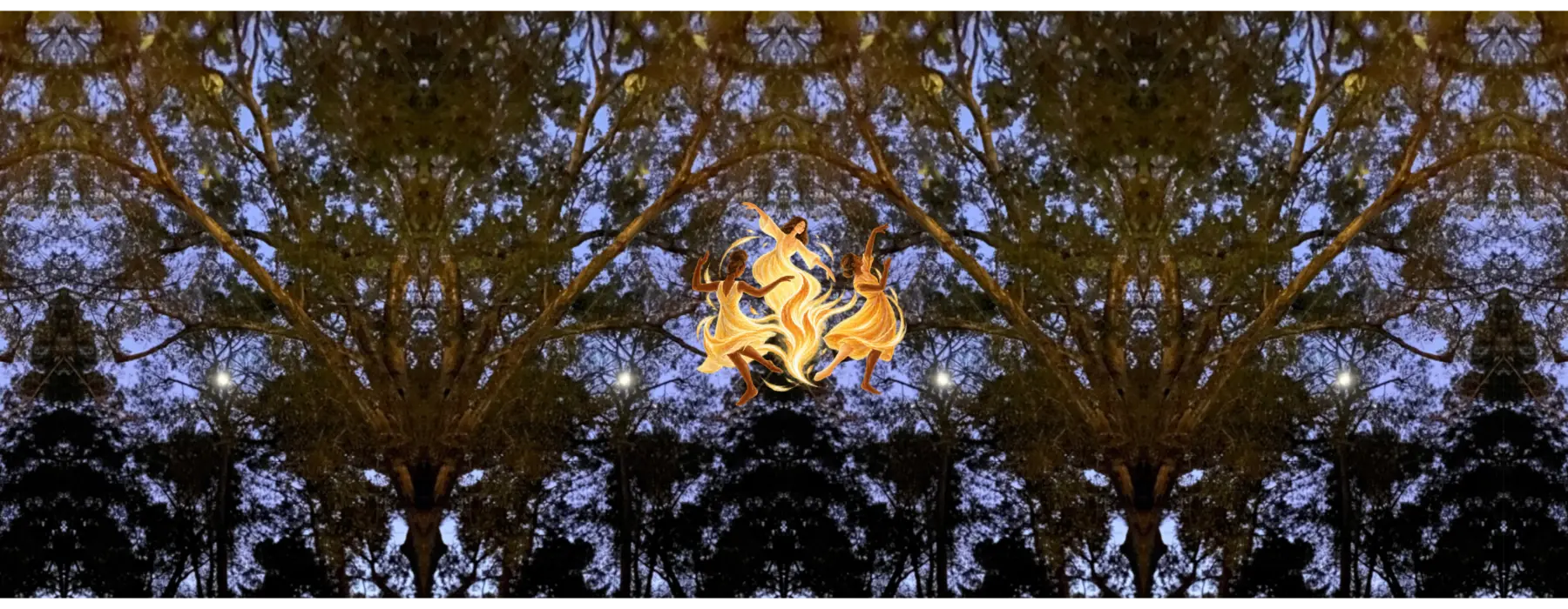 Soul Circle artwork, with three golden figures gathered within a reflected evening tree canopy